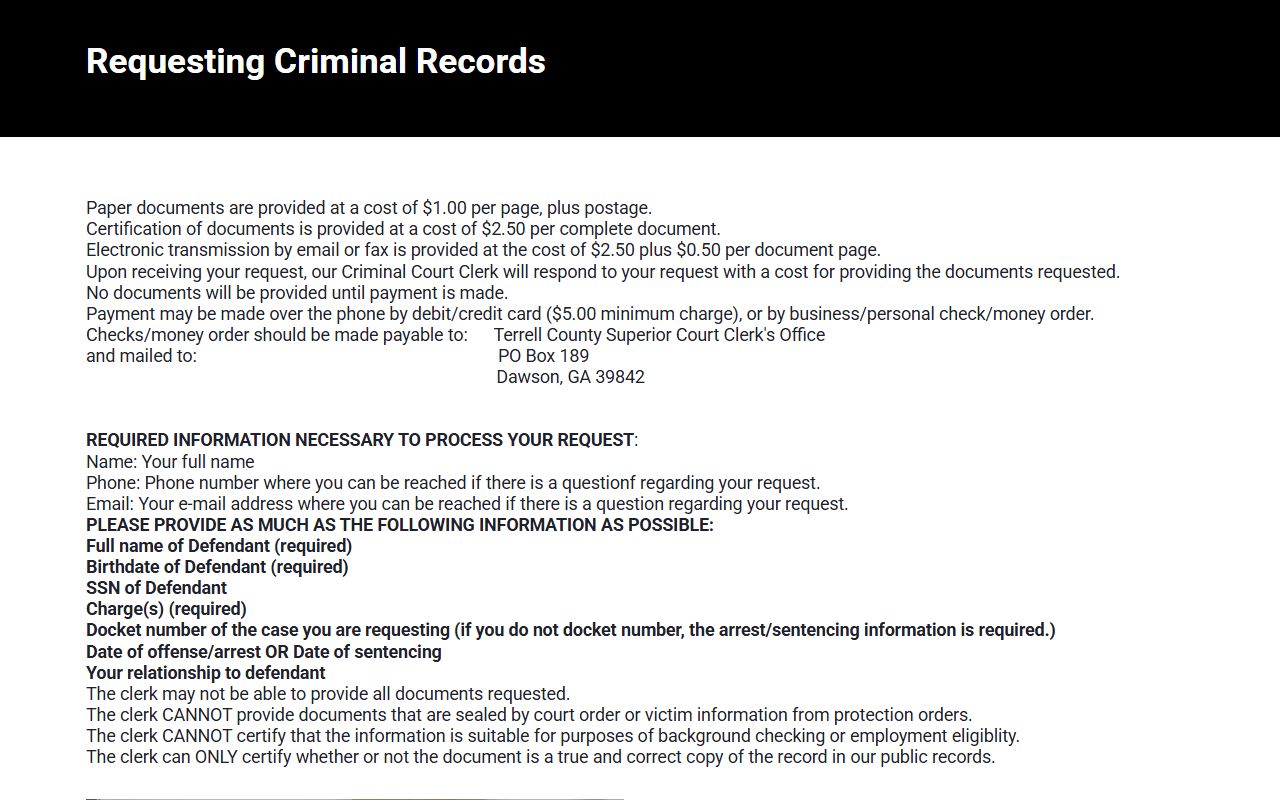 Terrell County criminal court records request fields